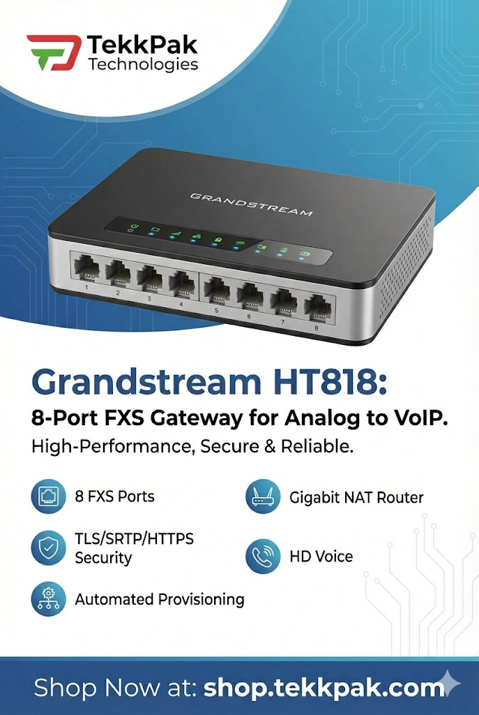 Grandstream HT818 8-port FXS gateway for analog to VoIP with TekkPak Technologies branding.
