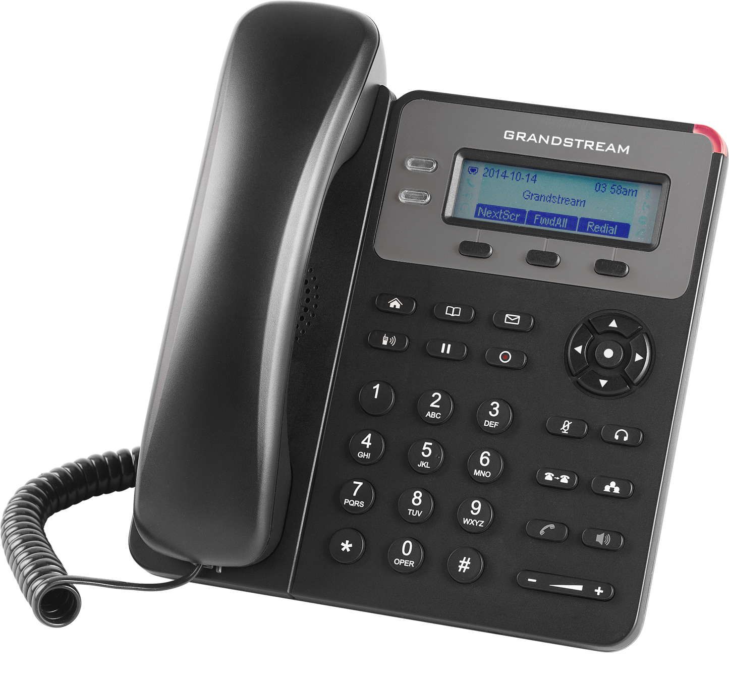 Grandstream GXP1610P  telephone in black, featuring a coiled handset cord, a digital display screen, and a full numeric keypad on a clean white background.