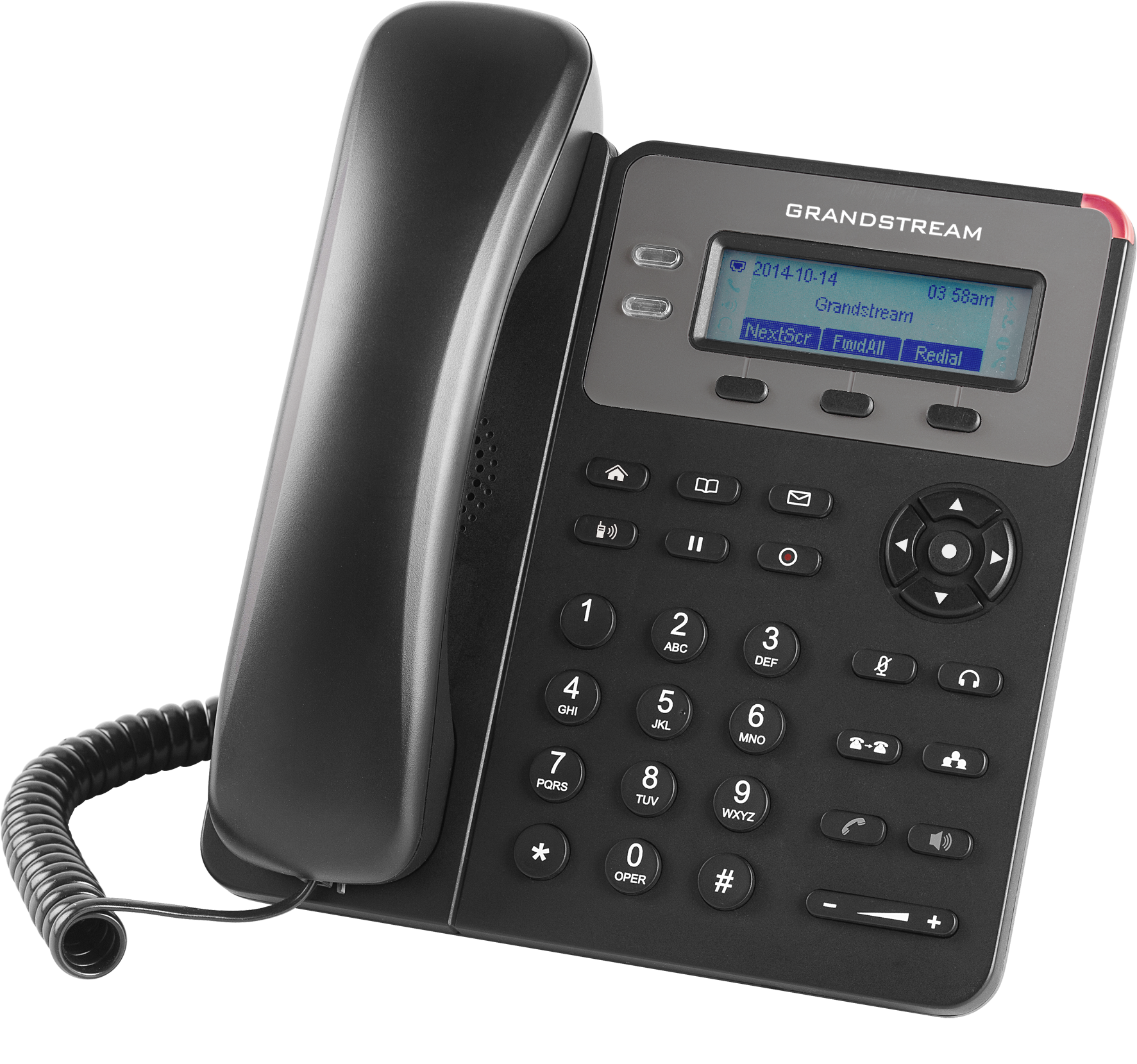 Grandstream GXP1610P  telephone in black, featuring a coiled handset cord, a digital display screen, and a full numeric keypad on a clean white background.