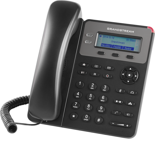 Grandstream GXP1610P  telephone in black, featuring a coiled handset cord, a digital display screen, and a full numeric keypad on a clean white background.