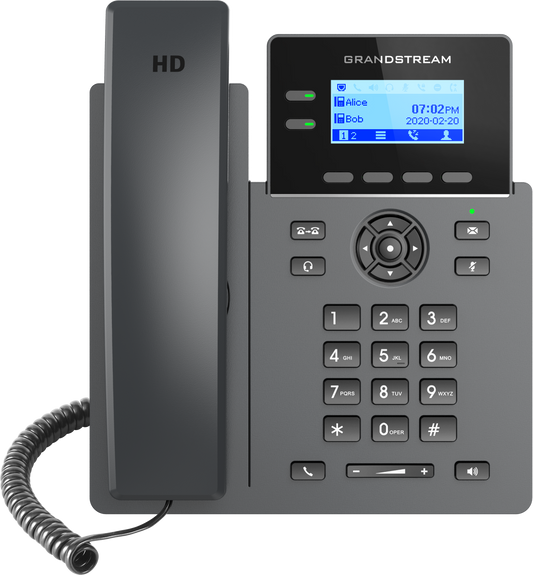 Grandstream GRP2602P IP office phone in dark gray, featuring a digital display screen, a full numeric keypad, and a coiled handset cord on a plain white background.