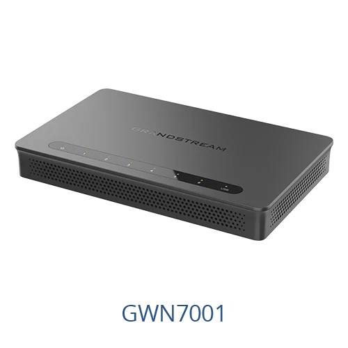 A dark gray Grandstream GWN7001 Multi WAN Router shown at an angle on a white background with a blue text label underneath.