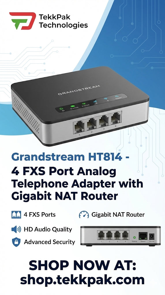Grandstream HT814 analog telephone adapter with Gigabit NAT router on a blue and white background, featuring Tekkpak Technologies logo.