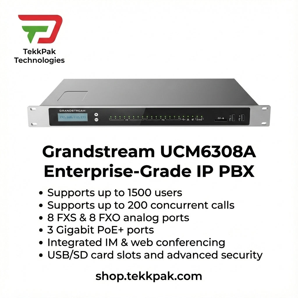 Grandstream UCM6308A Audio IP PBX | 8 FXO/FXS Ports & 1500 Users | TekkPak Technologies